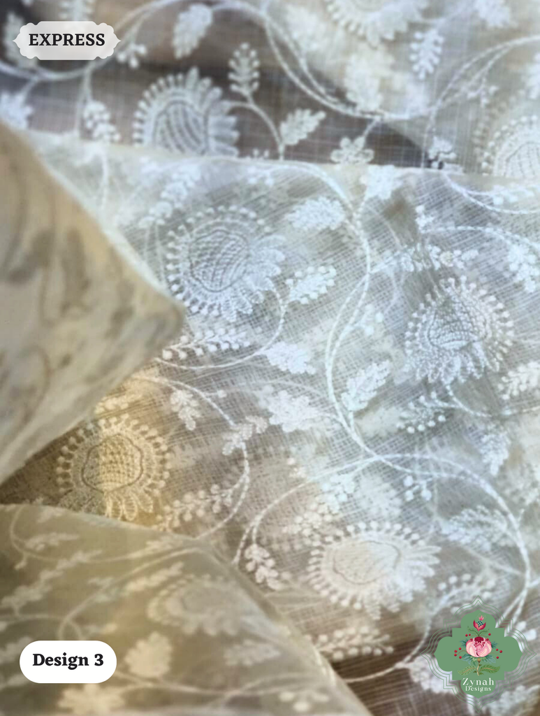 Zynah Off-White Pure Tussar Kota Silk Saree with Chikankari Inspired Embroidery, Ghiccha Pallu & Tassels; Custom Stitched/Ready-made Blouse, Fall, Petticoat; SKU2908202403