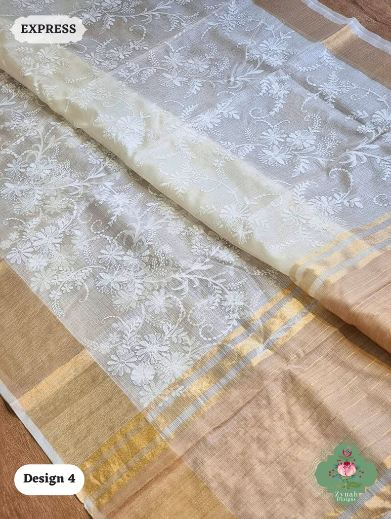 Zynah Off-White Pure Tussar Kota Silk Saree with Chikankari Inspired Embroidery, Ghiccha Pallu & Tassels; Custom Stitched/Ready-made Blouse, Fall, Petticoat; SKU2908202404
