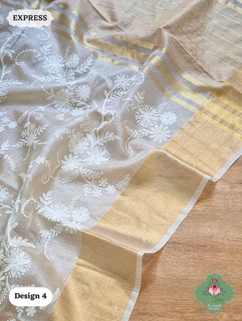 Zynah Off-White Pure Tussar Kota Silk Saree with Chikankari Inspired Embroidery, Ghiccha Pallu & Tassels; Custom Stitched/Ready-made Blouse, Fall, Petticoat; SKU2908202404