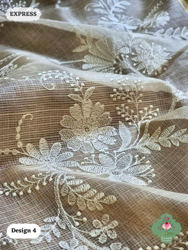 Zynah Off-White Pure Tussar Kota Silk Saree with Chikankari Inspired Embroidery, Ghiccha Pallu & Tassels; Custom Stitched/Ready-made Blouse, Fall, Petticoat; SKU2908202404