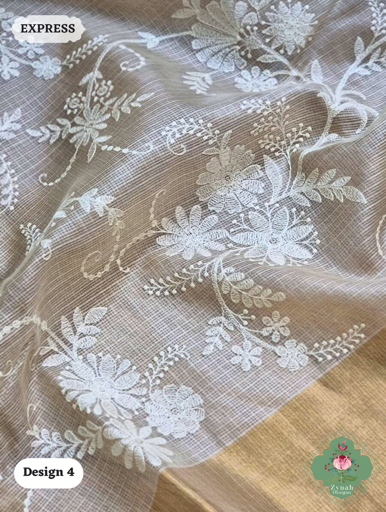 Zynah Off-White Pure Tussar Kota Silk Saree with Chikankari Inspired Embroidery, Ghiccha Pallu & Tassels; Custom Stitched/Ready-made Blouse, Fall, Petticoat; SKU2908202404