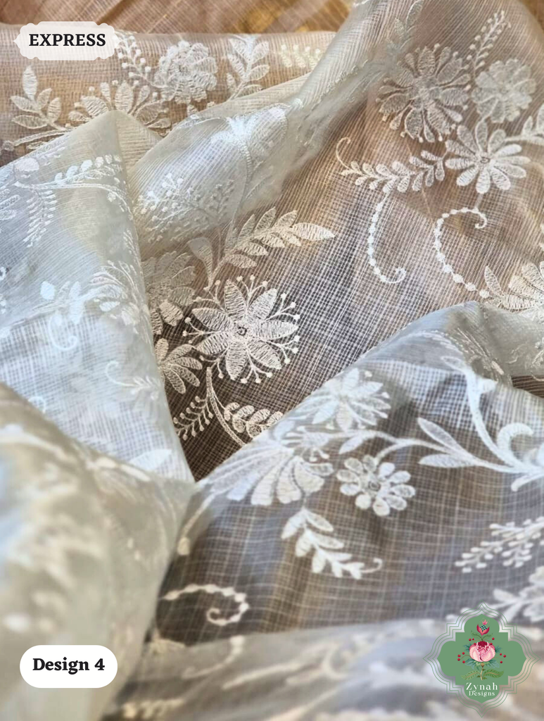 Zynah Off-White Pure Tussar Kota Silk Saree with Chikankari Inspired Embroidery, Ghiccha Pallu & Tassels; Custom Stitched/Ready-made Blouse, Fall, Petticoat; SKU2908202404