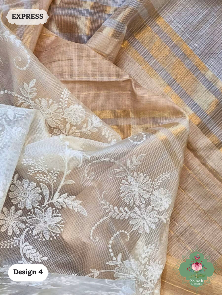 Zynah Off-White Pure Tussar Kota Silk Saree with Chikankari Inspired Embroidery, Ghiccha Pallu & Tassels; Custom Stitched/Ready-made Blouse, Fall, Petticoat; SKU2908202404