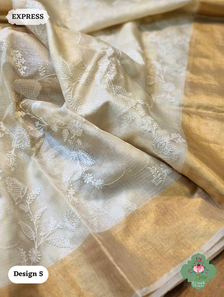 Zynah Off-White Pure Tussar Kota Silk Saree with Chikankari Inspired Embroidery, Ghiccha Pallu & Tassels; Custom Stitched/Ready-made Blouse, Fall, Petticoat; SKU2908202405