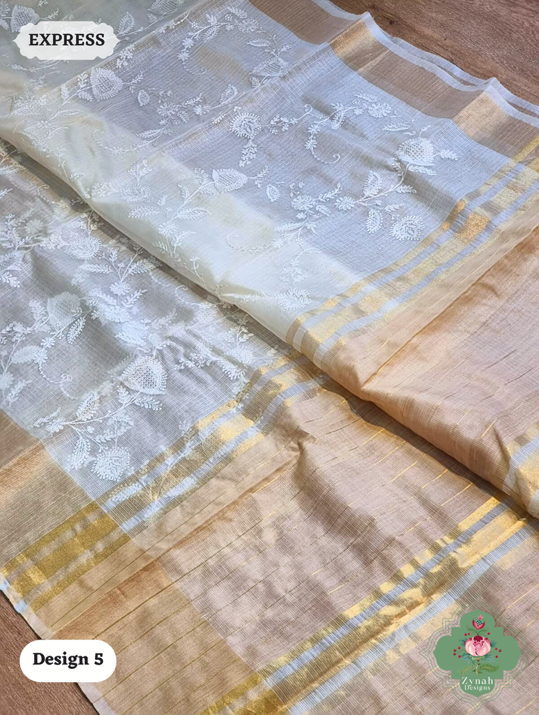 Zynah Off-White Pure Tussar Kota Silk Saree with Chikankari Inspired Embroidery, Ghiccha Pallu & Tassels; Custom Stitched/Ready-made Blouse, Fall, Petticoat; SKU2908202405