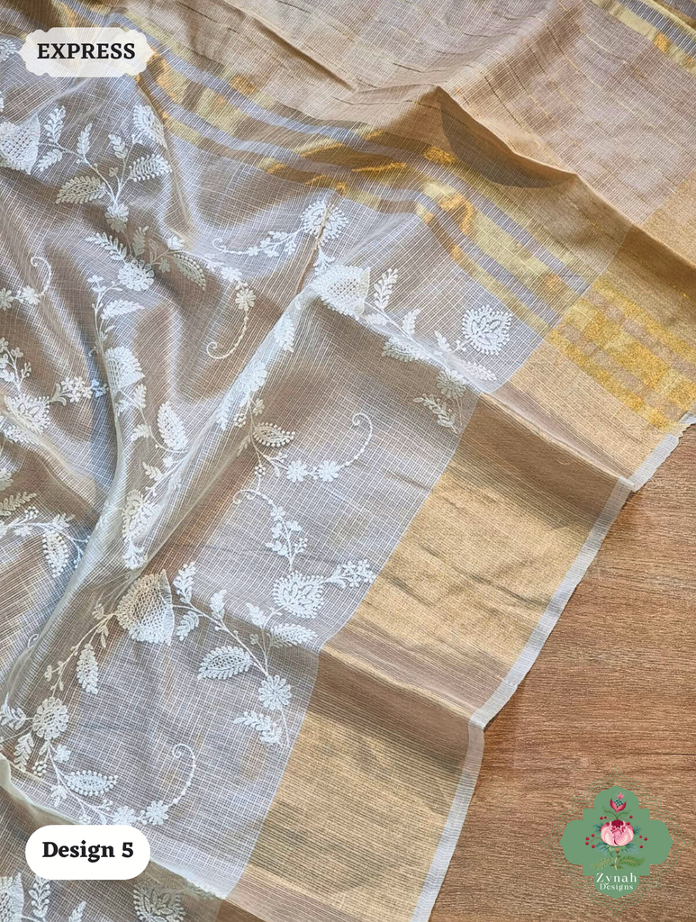 Zynah Off-White Pure Tussar Kota Silk Saree with Chikankari Inspired Embroidery, Ghiccha Pallu & Tassels; Custom Stitched/Ready-made Blouse, Fall, Petticoat; SKU2908202405
