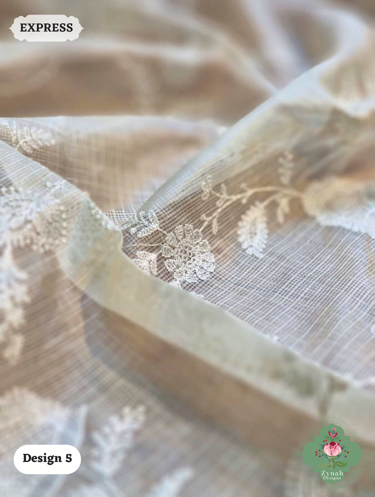 Zynah Off-White Pure Tussar Kota Silk Saree with Chikankari Inspired Embroidery, Ghiccha Pallu & Tassels; Custom Stitched/Ready-made Blouse, Fall, Petticoat; SKU2908202405