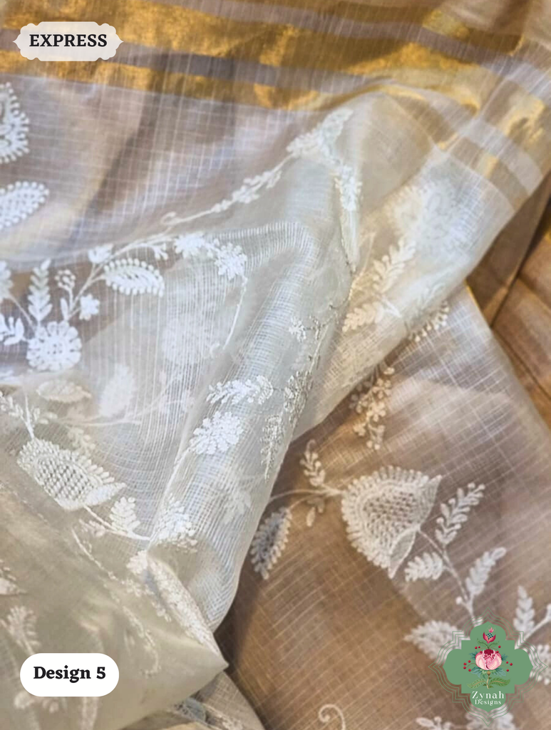 Zynah Off-White Pure Tussar Kota Silk Saree with Chikankari Inspired Embroidery, Ghiccha Pallu & Tassels; Custom Stitched/Ready-made Blouse, Fall, Petticoat; SKU2908202405