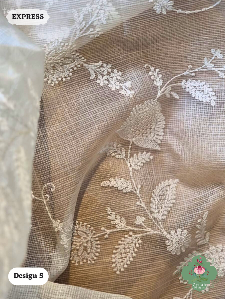 Zynah Off-White Pure Tussar Kota Silk Saree with Chikankari Inspired Embroidery, Ghiccha Pallu & Tassels; Custom Stitched/Ready-made Blouse, Fall, Petticoat; SKU2908202405