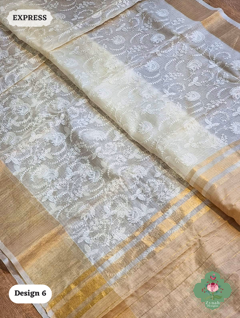 Zynah Off-White Pure Tussar Kota Silk Saree with Chikankari Inspired Embroidery, Ghiccha Pallu & Tassels; Custom Stitched/Ready-made Blouse, Fall, Petticoat; SKU2908202406