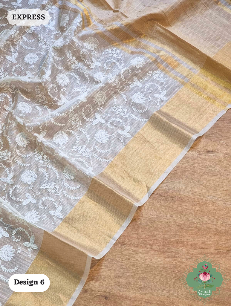 Zynah Off-White Pure Tussar Kota Silk Saree with Chikankari Inspired Embroidery, Ghiccha Pallu & Tassels; Custom Stitched/Ready-made Blouse, Fall, Petticoat; SKU2908202406