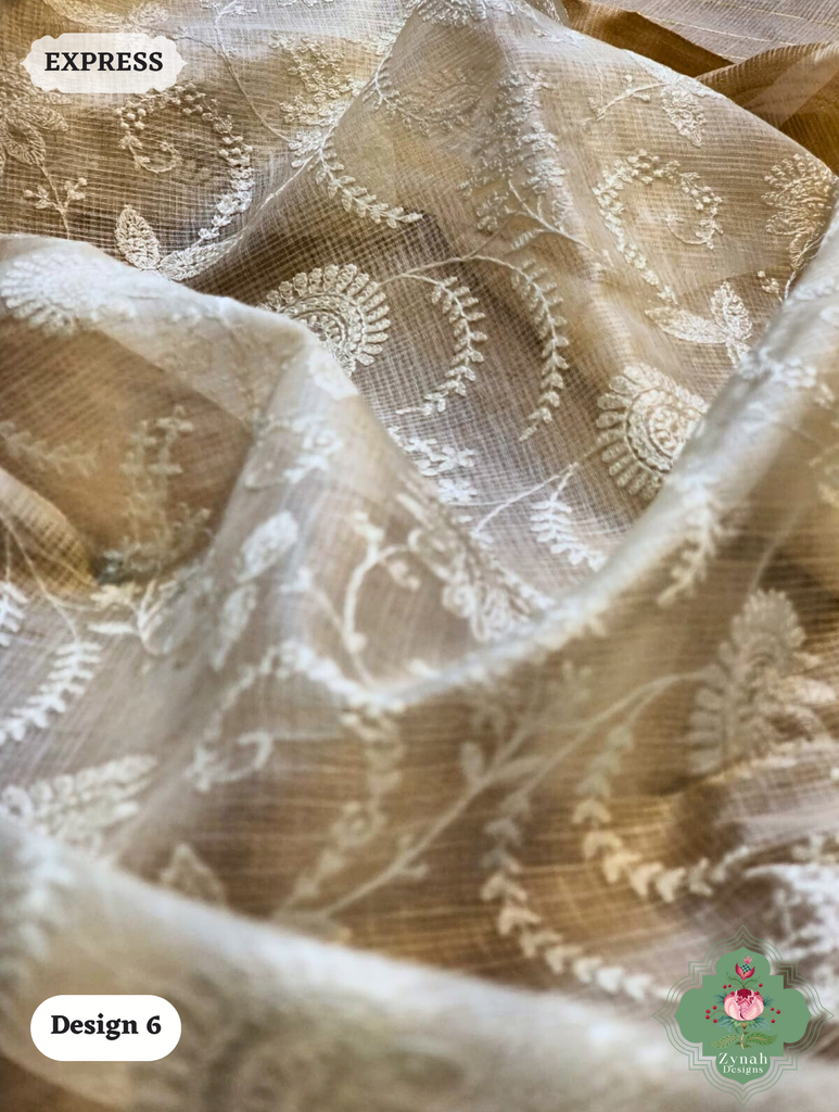 Zynah Off-White Pure Tussar Kota Silk Saree with Chikankari Inspired Embroidery, Ghiccha Pallu & Tassels; Custom Stitched/Ready-made Blouse, Fall, Petticoat; SKU2908202406