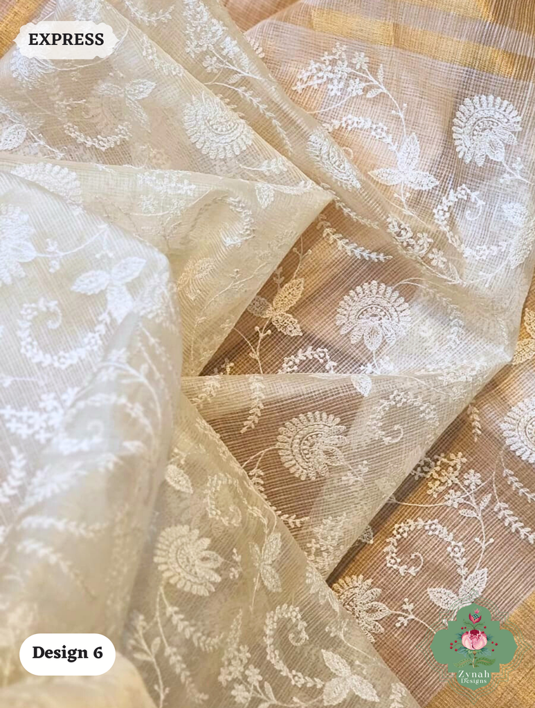 Zynah Off-White Pure Tussar Kota Silk Saree with Chikankari Inspired Embroidery, Ghiccha Pallu & Tassels; Custom Stitched/Ready-made Blouse, Fall, Petticoat; SKU2908202406