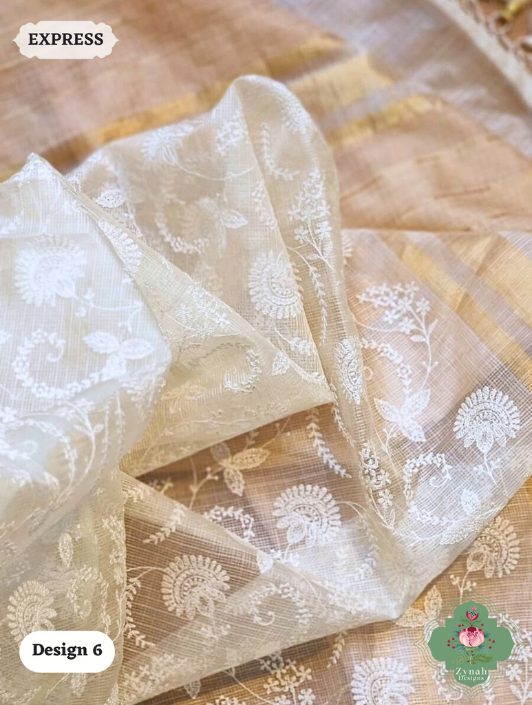 Zynah Off-White Pure Tussar Kota Silk Saree with Chikankari Inspired Embroidery, Ghiccha Pallu & Tassels; Custom Stitched/Ready-made Blouse, Fall, Petticoat; SKU2908202406