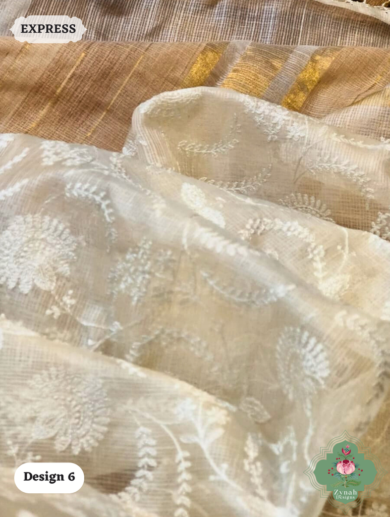 Zynah Off-White Pure Tussar Kota Silk Saree with Chikankari Inspired Embroidery, Ghiccha Pallu & Tassels; Custom Stitched/Ready-made Blouse, Fall, Petticoat; SKU2908202406