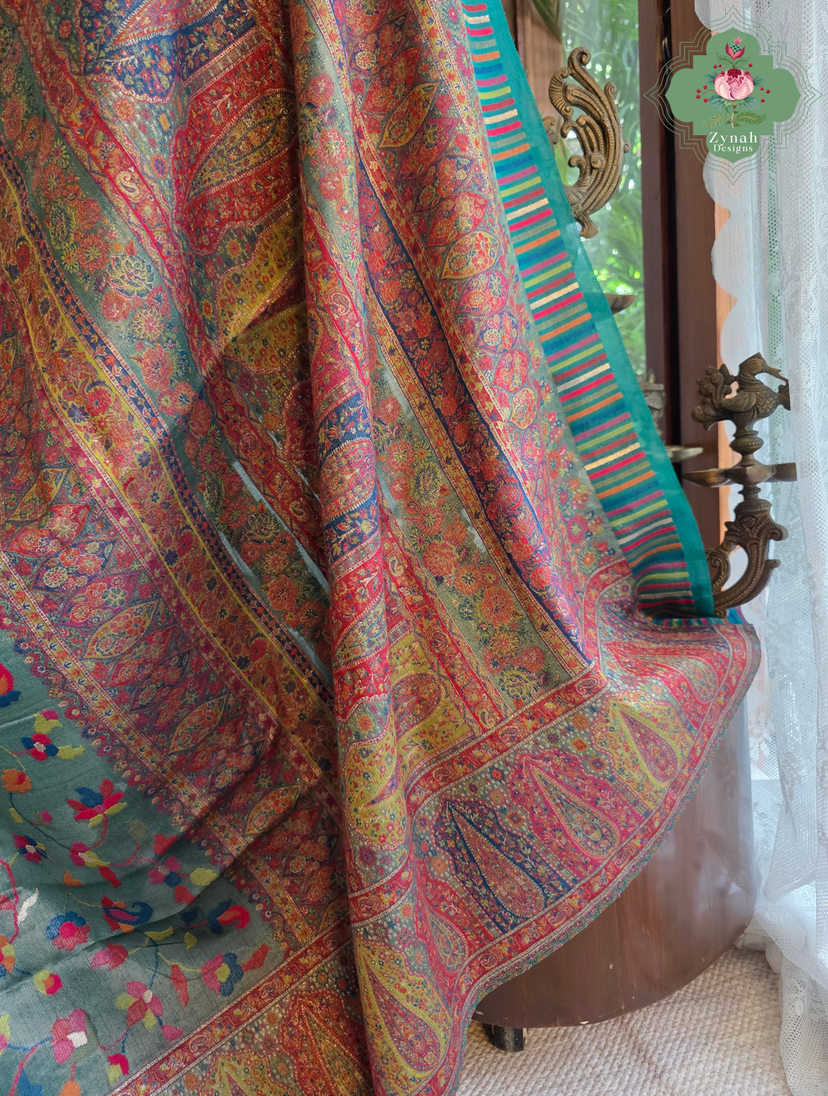 Devika | Teal Blue & Rust Red Kashmiri Pure Kani Tissue Silk Jamavar Weave Saree | Made To Order
