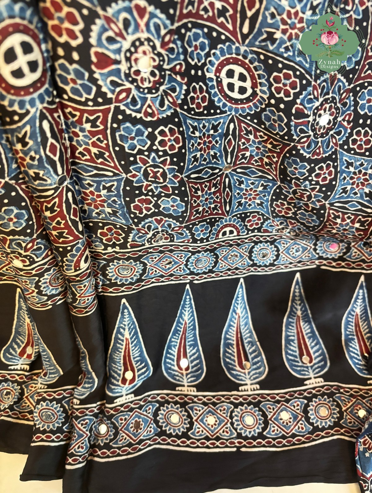 Dilruba Black Modal Silk Ajrakh Saree With Mirror Work And Lagdi Patta Pallu