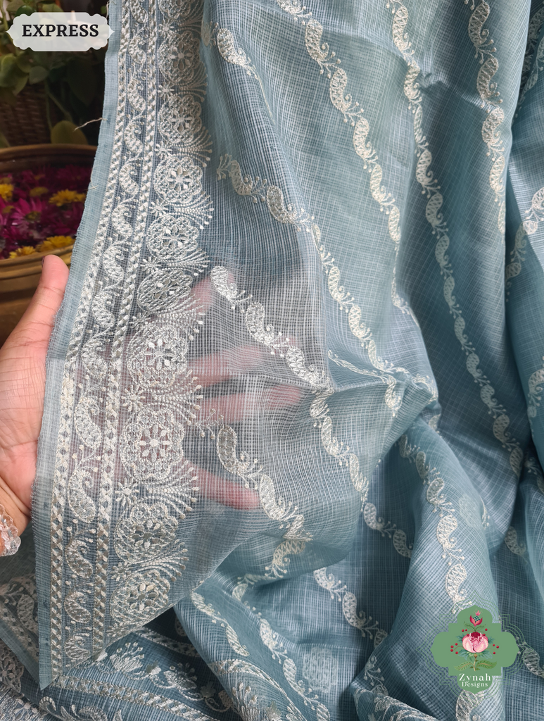 Zynah Dusty Mint Pure Tussar Kota Silk Lehriya Style Saree with Chikankari-Inspired Embroidery; Custom Stitched/Ready-made Blouse, Fall, Petticoat; SKU: 1604202502
