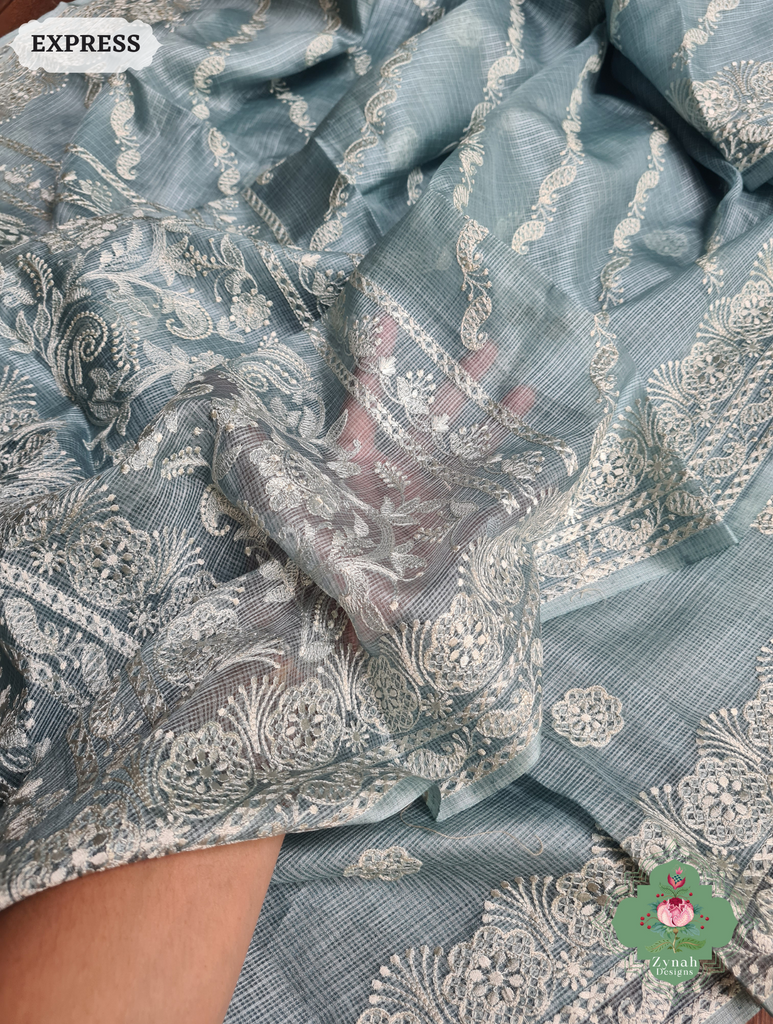 Zynah Dusty Mint Pure Tussar Kota Silk Lehriya Style Saree with Chikankari-Inspired Embroidery; Custom Stitched/Ready-made Blouse, Fall, Petticoat; SKU: 1604202502