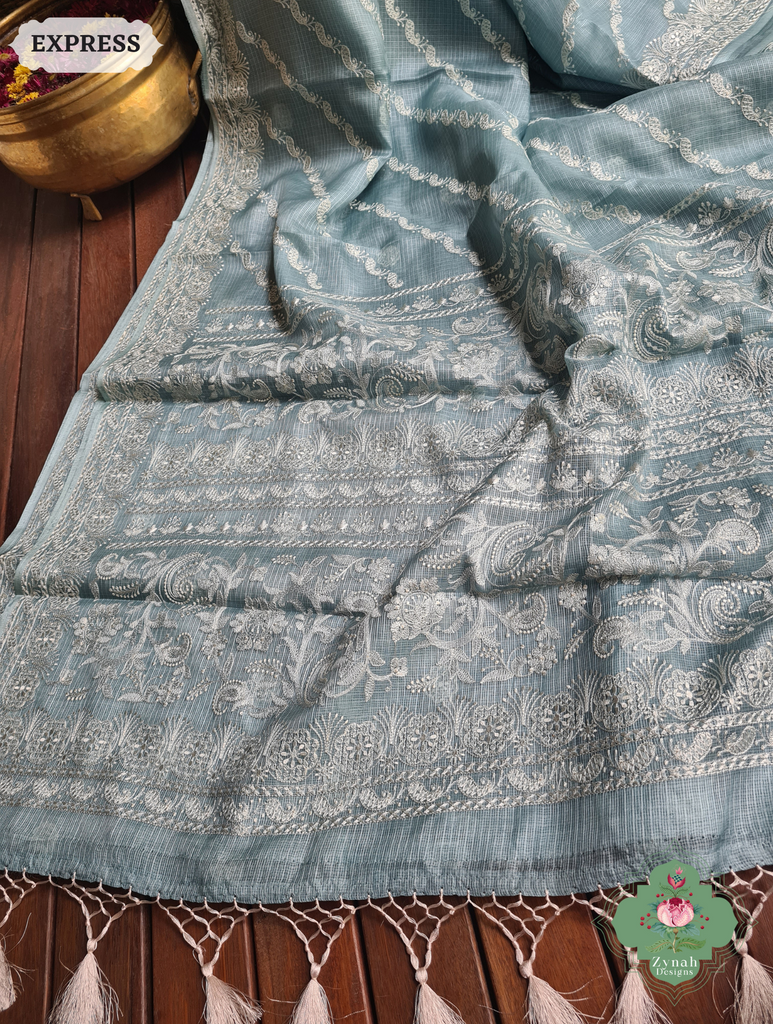 Zynah Dusty Mint Pure Tussar Kota Silk Lehriya Style Saree with Chikankari-Inspired Embroidery; Custom Stitched/Ready-made Blouse, Fall, Petticoat; SKU: 1604202502