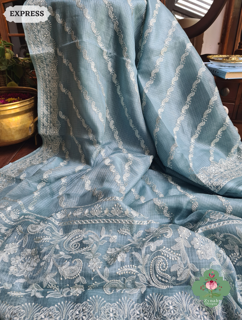 Zynah Dusty Mint Pure Tussar Kota Silk Lehriya Style Saree with Chikankari-Inspired Embroidery; Custom Stitched/Ready-made Blouse, Fall, Petticoat; SKU: 1604202502