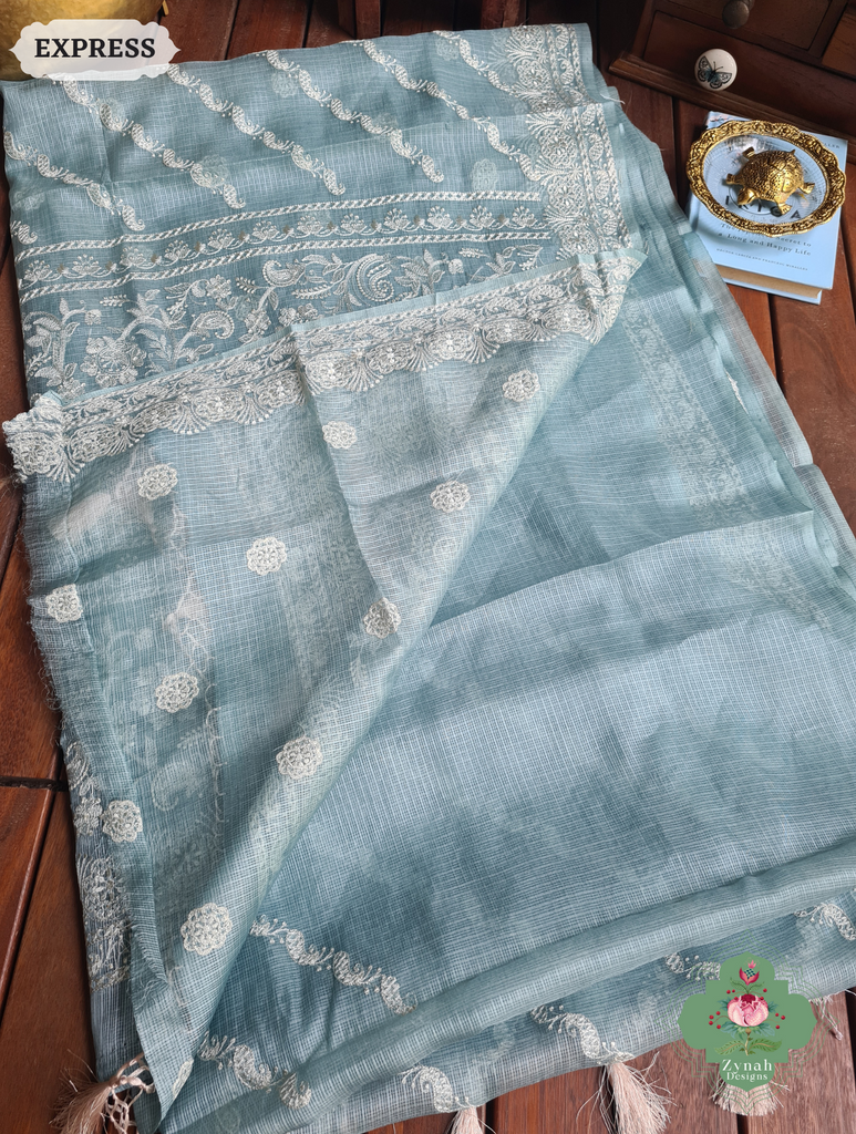 Zynah Dusty Mint Pure Tussar Kota Silk Lehriya Style Saree with Chikankari-Inspired Embroidery; Custom Stitched/Ready-made Blouse, Fall, Petticoat; SKU: 1604202502