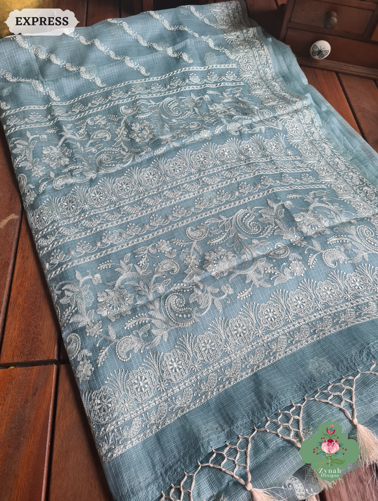 Zynah Dusty Mint Pure Tussar Kota Silk Lehriya Style Saree with Chikankari-Inspired Embroidery; Custom Stitched/Ready-made Blouse, Fall, Petticoat; SKU: 1604202502