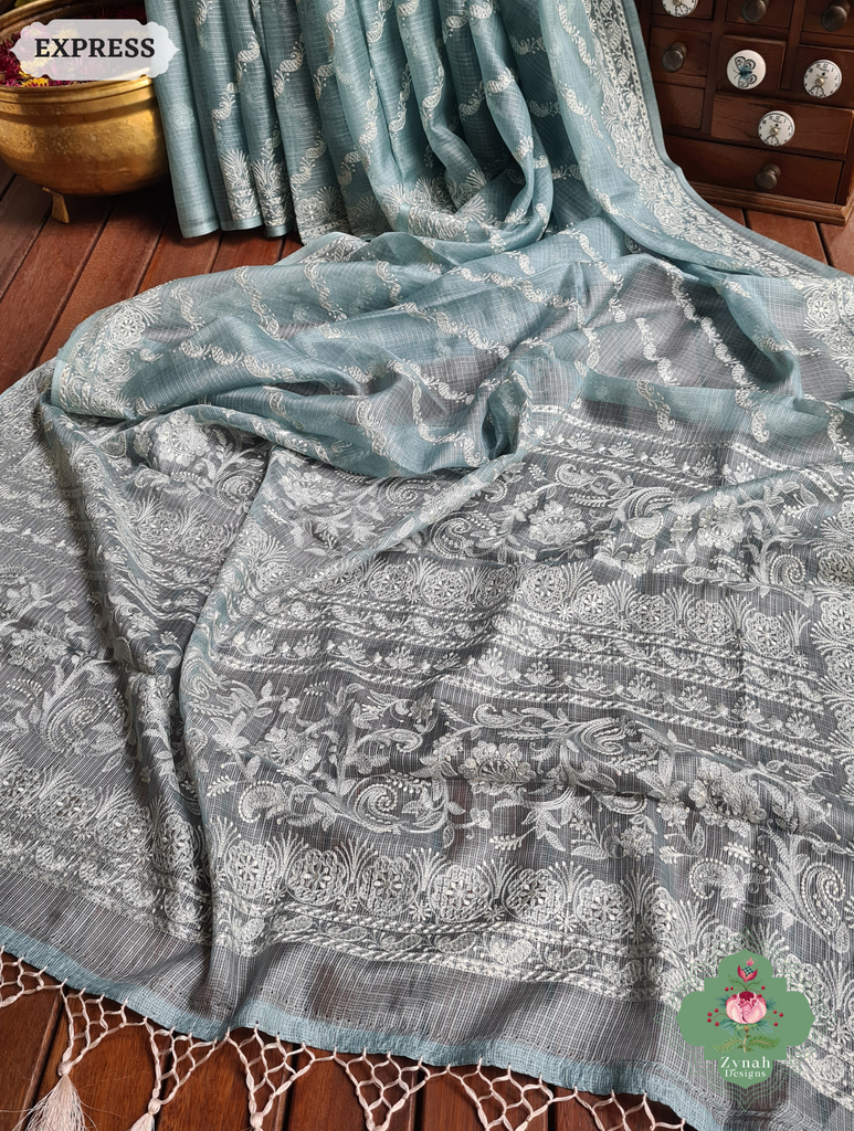 Zynah Dusty Mint Pure Tussar Kota Silk Lehriya Style Saree with Chikankari-Inspired Embroidery; Custom Stitched/Ready-made Blouse, Fall, Petticoat; SKU: 1604202502