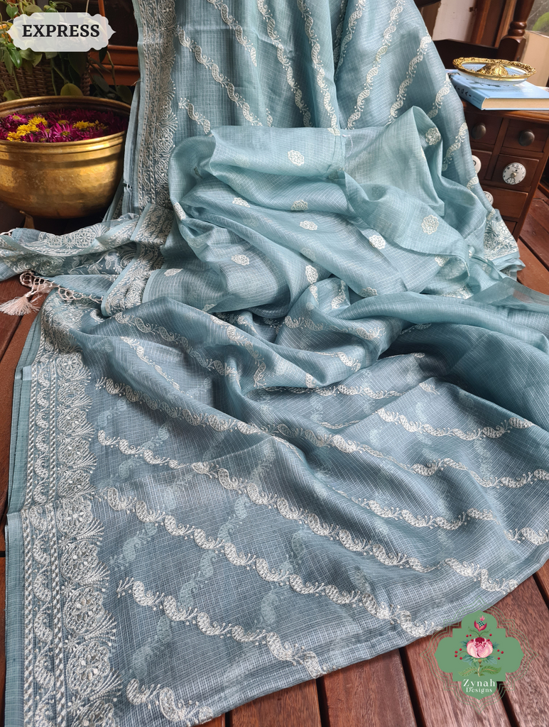 Zynah Dusty Mint Pure Tussar Kota Silk Lehriya Style Saree with Chikankari-Inspired Embroidery; Custom Stitched/Ready-made Blouse, Fall, Petticoat; SKU: 1604202502