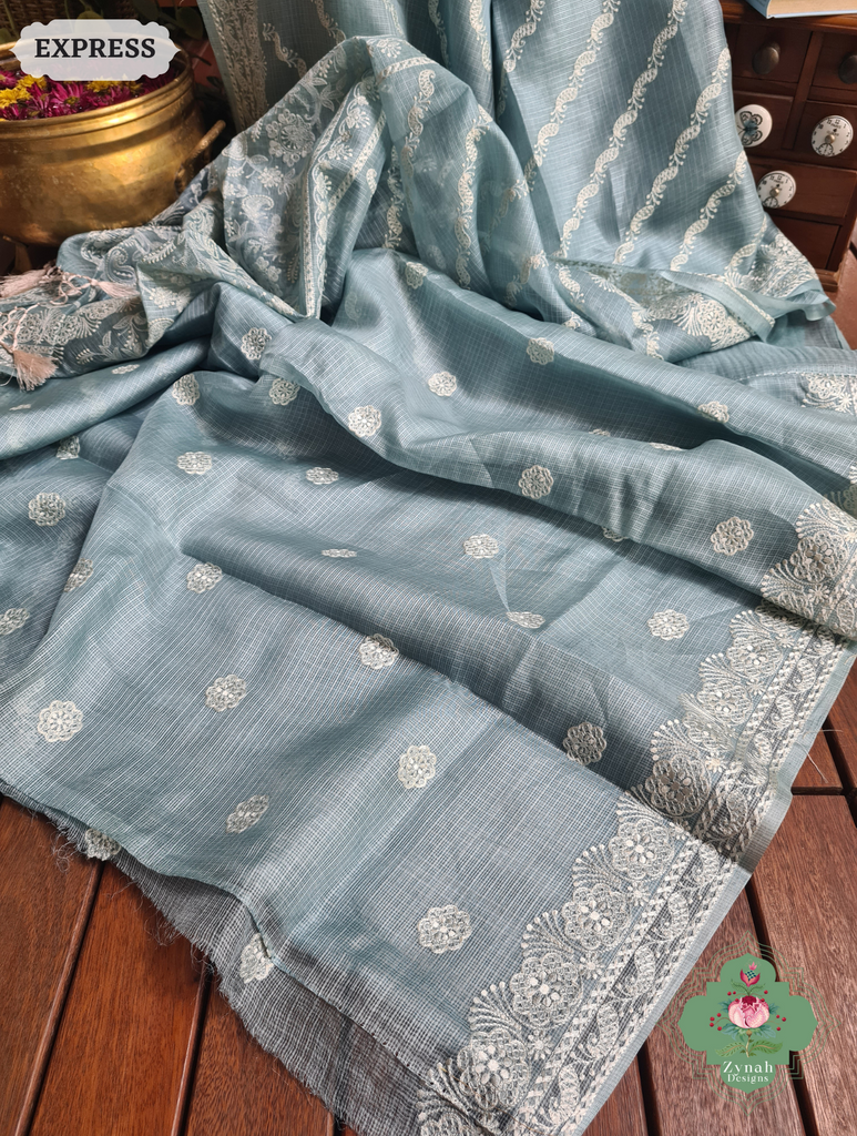 Zynah Dusty Mint Pure Tussar Kota Silk Lehriya Style Saree with Chikankari-Inspired Embroidery; Custom Stitched/Ready-made Blouse, Fall, Petticoat; SKU: 1604202502