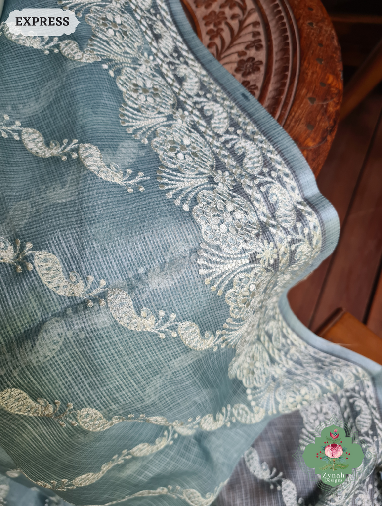 Zynah Dusty Mint Pure Tussar Kota Silk Lehriya Style Saree with Chikankari-Inspired Embroidery; Custom Stitched/Ready-made Blouse, Fall, Petticoat; SKU: 1604202502