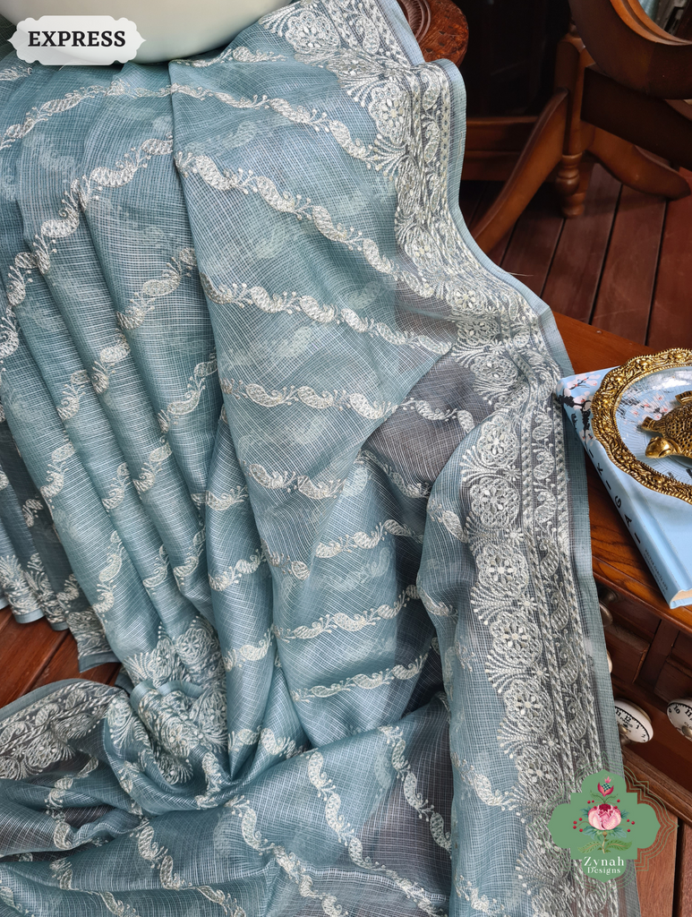 Zynah Dusty Mint Pure Tussar Kota Silk Lehriya Style Saree with Chikankari-Inspired Embroidery; Custom Stitched/Ready-made Blouse, Fall, Petticoat; SKU: 1604202502