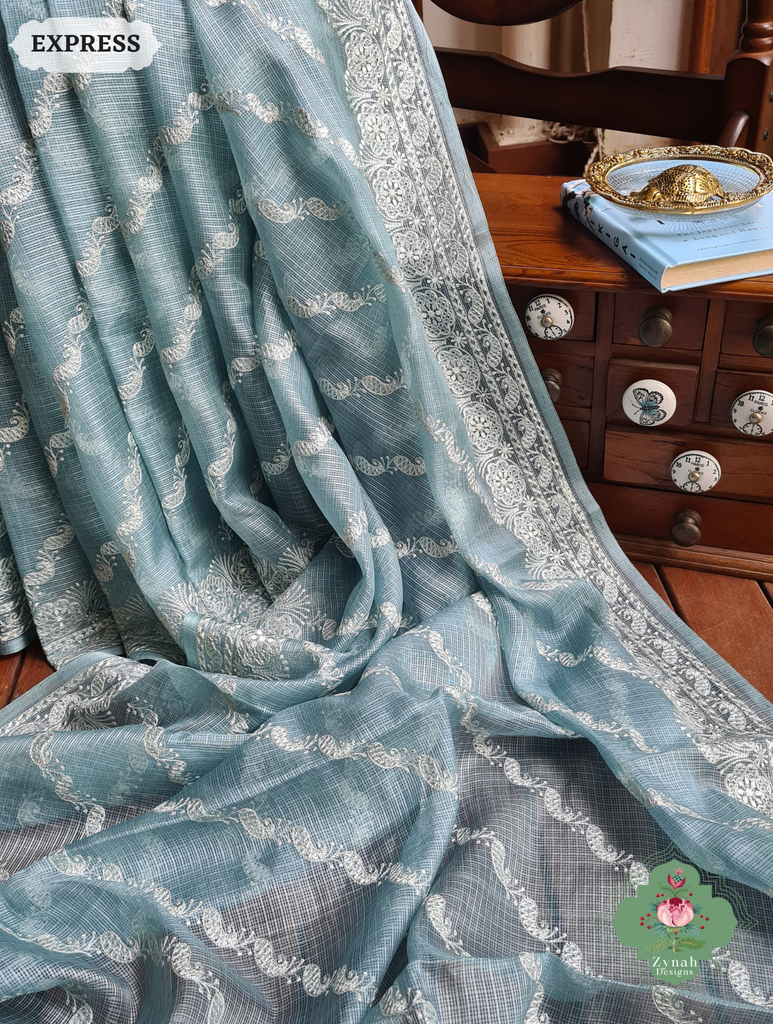 Zynah Dusty Mint Pure Tussar Kota Silk Lehriya Style Saree with Chikankari-Inspired Embroidery; Custom Stitched/Ready-made Blouse, Fall, Petticoat; SKU: 1604202502