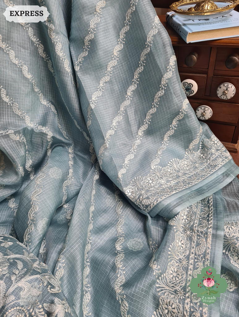 Zynah Dusty Mint Pure Tussar Kota Silk Lehriya Style Saree with Chikankari-Inspired Embroidery; Custom Stitched/Ready-made Blouse, Fall, Petticoat; SKU: 1604202502