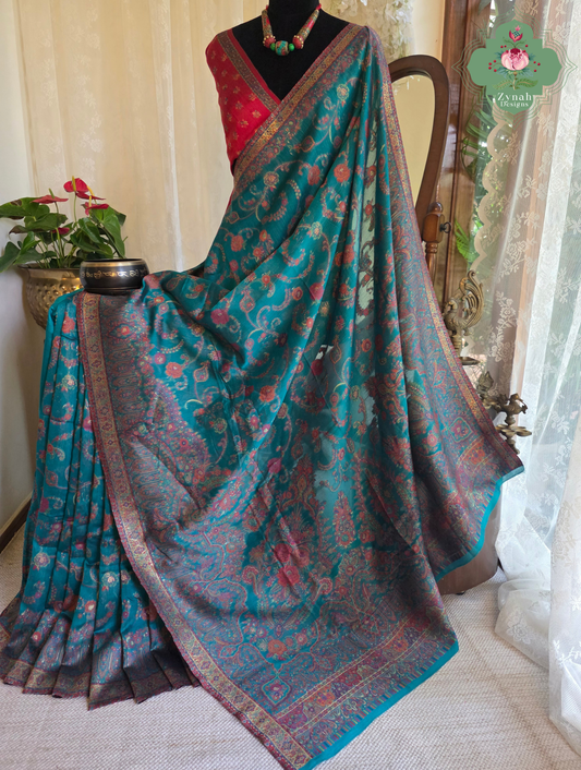Gargi | Turquoise Blue Kashmiri Pure Kani Silk Jamavar Weave Saree | Made To Order