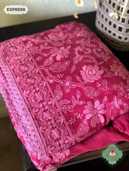 Zynah Pure Georgette Chikankari Saree With Crochet Lace; Custom Stitched/Ready-made Blouse, Fall, Petticoat; SKU: 0807202301