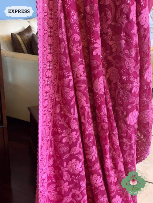 Zynah Pure Georgette Chikankari Saree With Crochet Lace; Custom Stitched/Ready-made Blouse, Fall, Petticoat; SKU: 0807202301