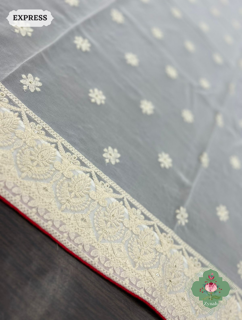 Zynah Pure Georgette Chikankari Saree With Mirror Handwork; Custom Stitched/Ready-made Blouse, Fall, Petticoat; SKU: 0807202302