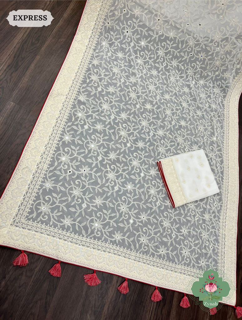 Zynah Pure Georgette Chikankari Saree With Mirror Handwork; Custom Stitched/Ready-made Blouse, Fall, Petticoat; SKU: 0807202302