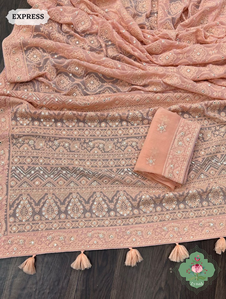 Zynah Pure Georgette Chikankari Saree With Foil Mirror Work; Custom Stitched/Ready-made Blouse, Fall, Petticoat; SKU: 0807202303