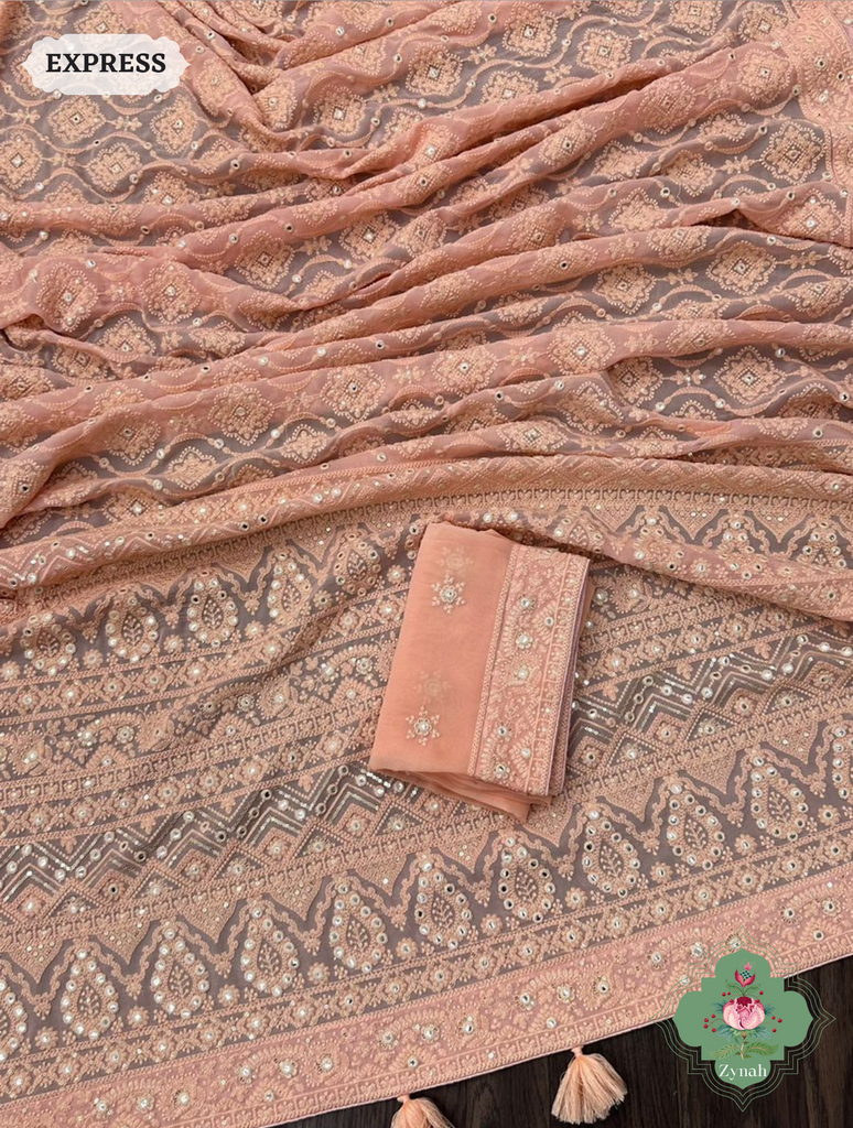 Zynah Pure Georgette Chikankari Saree With Foil Mirror Work; Custom Stitched/Ready-made Blouse, Fall, Petticoat; SKU: 0807202303
