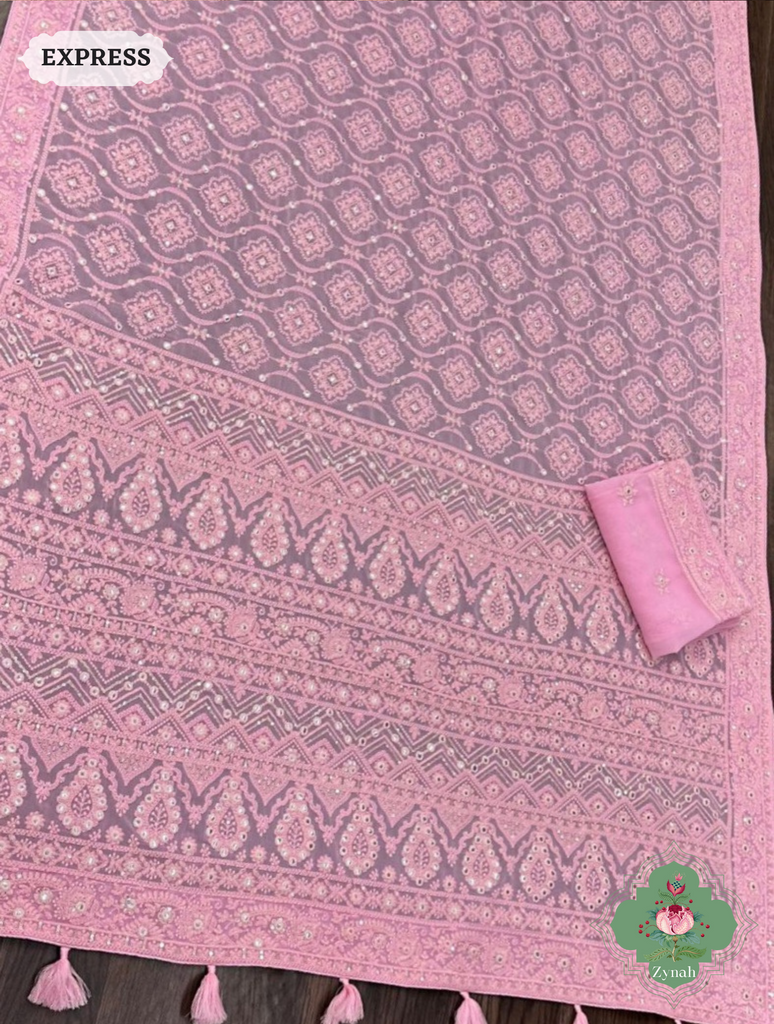 Zynah Pure Georgette Chikankari Saree With Foil Mirror Work; Custom Stitched/Ready-made Blouse, Fall, Petticoat; SKU: 0807202303