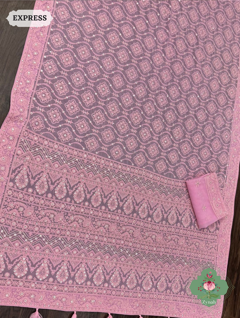 Zynah Pure Georgette Chikankari Saree With Foil Mirror Work; Custom Stitched/Ready-made Blouse, Fall, Petticoat; SKU: 0807202303
