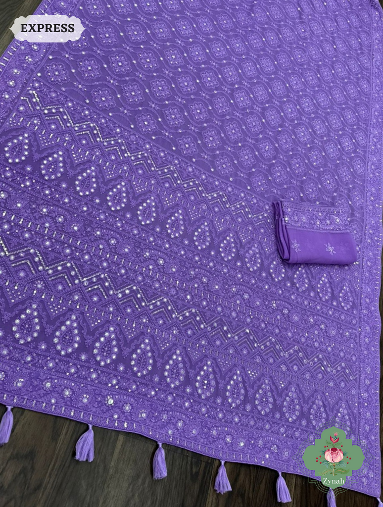 Zynah Pure Georgette Chikankari Saree With Foil Mirror Work; Custom Stitched/Ready-made Blouse, Fall, Petticoat; SKU: 0807202303