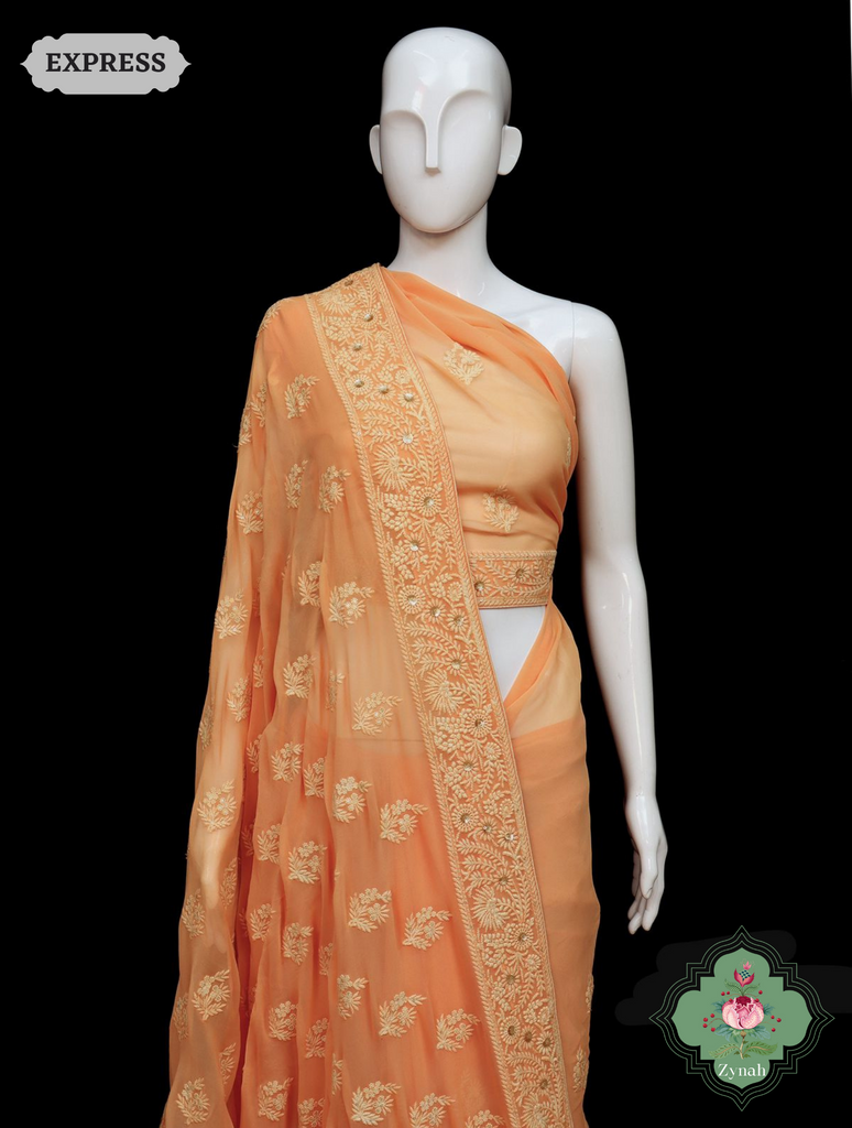 Zynah Pure Georgette Chikankari Saree With Butis & Borders; Custom Stitched/Ready-made Blouse, Fall, Petticoat; SKU: 0807202304