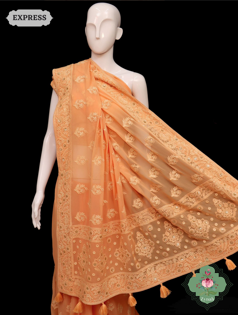 Zynah Pure Georgette Chikankari Saree With Butis & Borders; Custom Stitched/Ready-made Blouse, Fall, Petticoat; SKU: 0807202304
