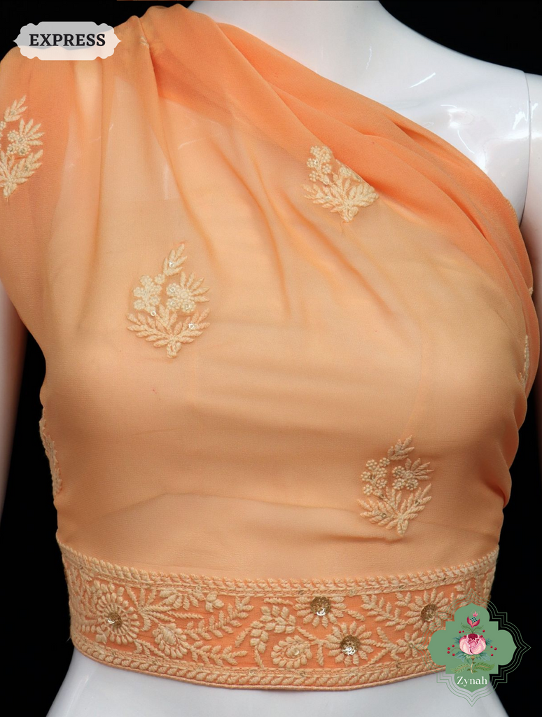 Zynah Pure Georgette Chikankari Saree With Butis & Borders; Custom Stitched/Ready-made Blouse, Fall, Petticoat; SKU: 0807202304