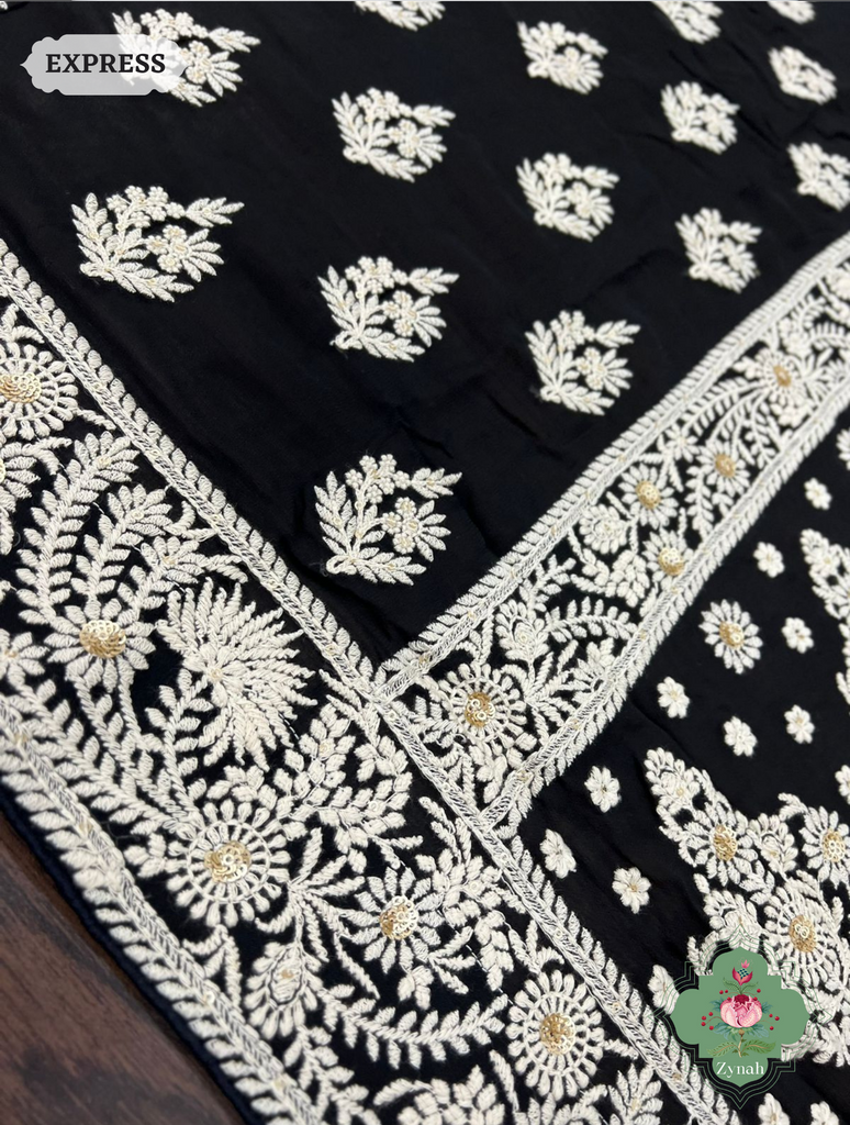 Zynah Pure Georgette Chikankari Saree With Butis & Borders; Custom Stitched/Ready-made Blouse, Fall, Petticoat; SKU: 0807202304