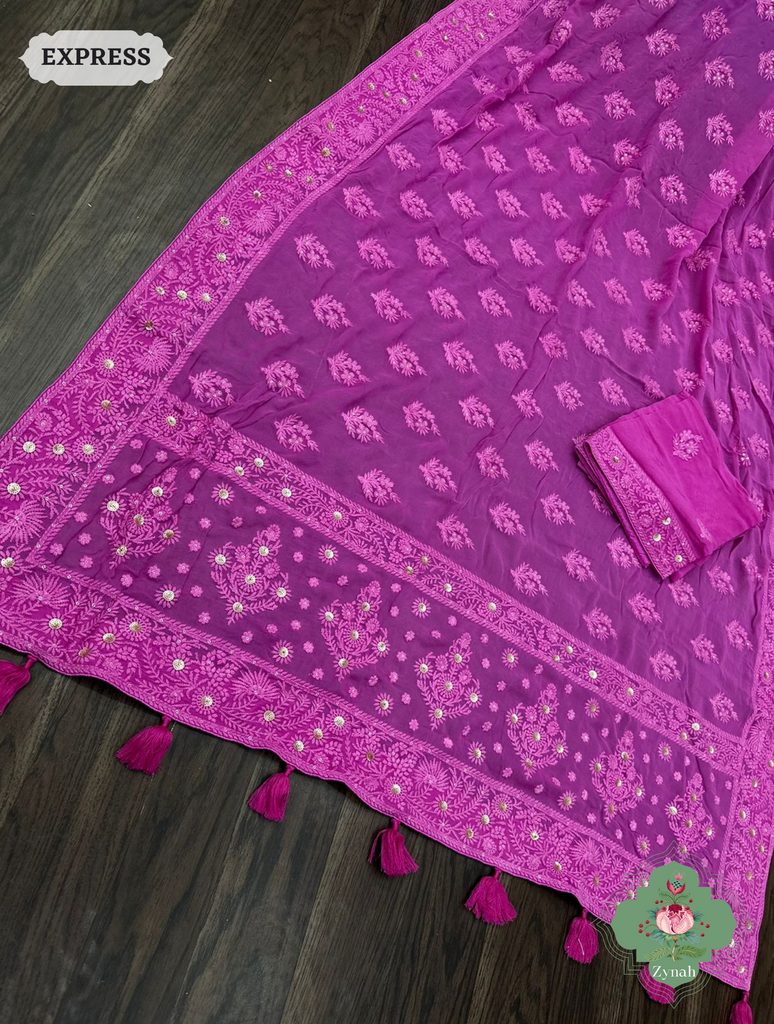 Zynah Pure Georgette Chikankari Saree With Butis & Borders; Custom Stitched/Ready-made Blouse, Fall, Petticoat; SKU: 0807202304