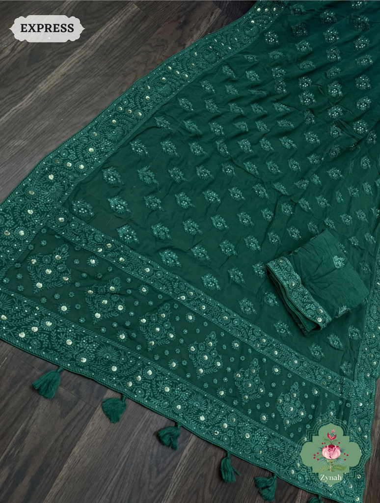 Zynah Pure Georgette Chikankari Saree With Butis & Borders; Custom Stitched/Ready-made Blouse, Fall, Petticoat; SKU: 0807202304